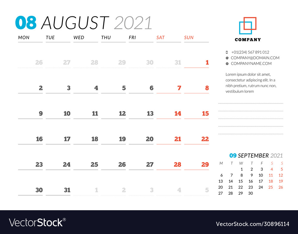 Corporate design planner template for august 2021