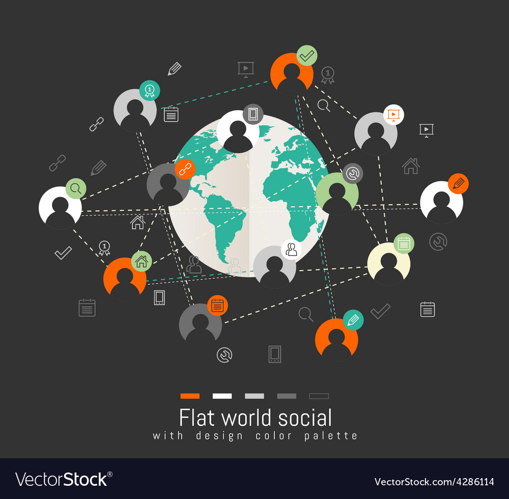Flat design concept with world map and social