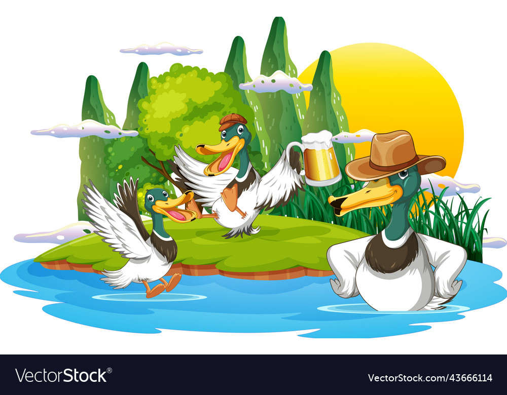 Happy duck group in nature scene Royalty Free Vector Image