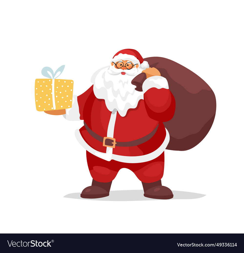 Santa claus stands with a big sack and gift box