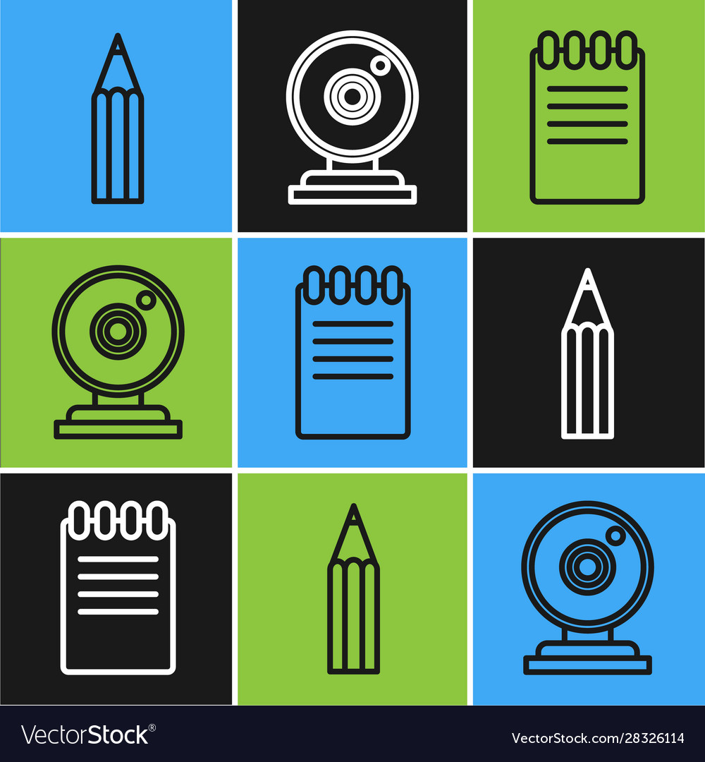 Set line pencil notebook and web camera icon vector image Set line pencil notebook and web camera icon