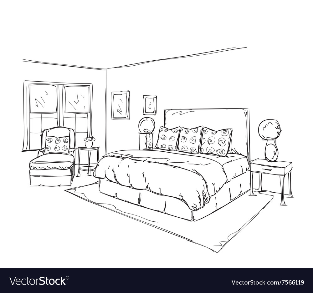 Bedroom Furniture Interior Room Line Sketch Drawing Home Indoor Design  Perspective Of A Interior Space Stock Illustration  Download Image Now   iStock