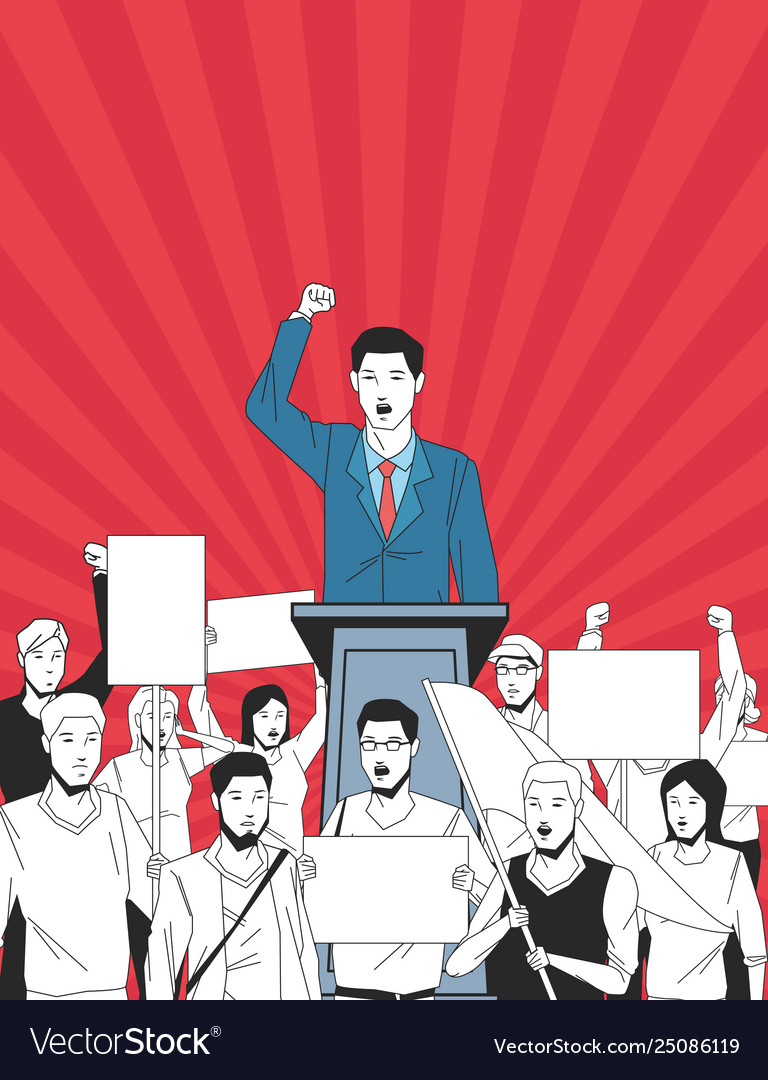 Man making a speech and audience with signboard