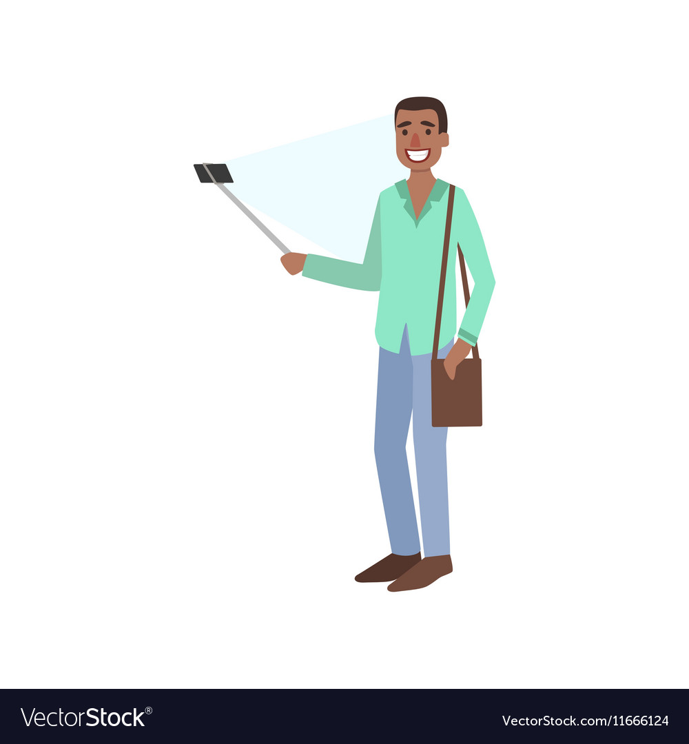 Black guy taking picture with selfie stick Vector Image