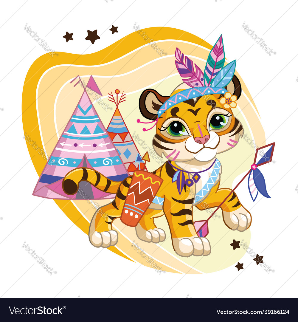 Cute cartoon character tiger cub with bow arrows