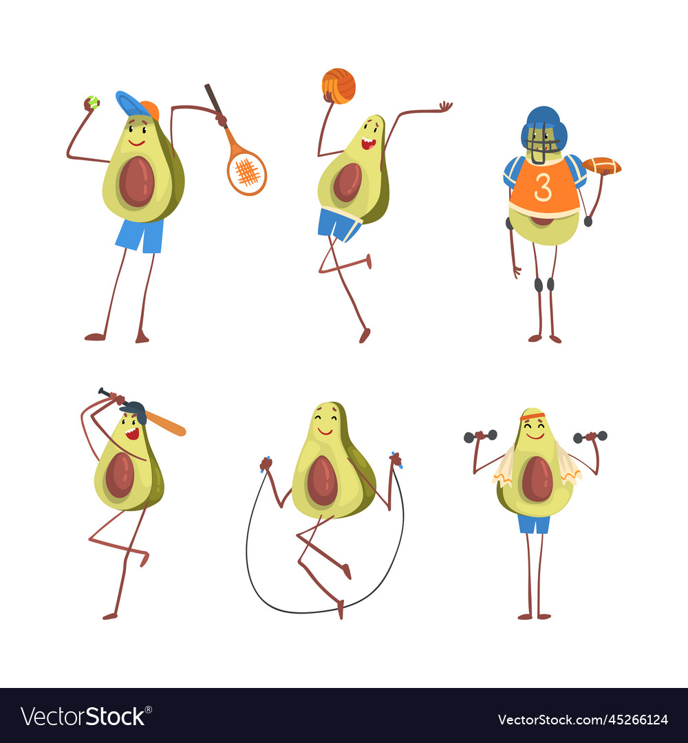 Funny avocado characters doing sports set