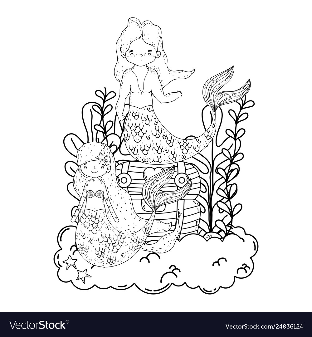 Männliche Meerjungfrau mit Schatztruhe Unterwasserszene vector image Männliche Meerjungfrau mit Schatztruhe Unterwasserszene