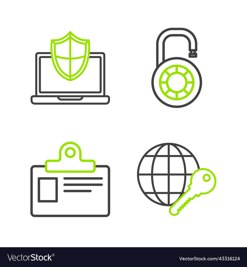 Set line globe key identification badge safe vector image Set line globe key identification badge safe