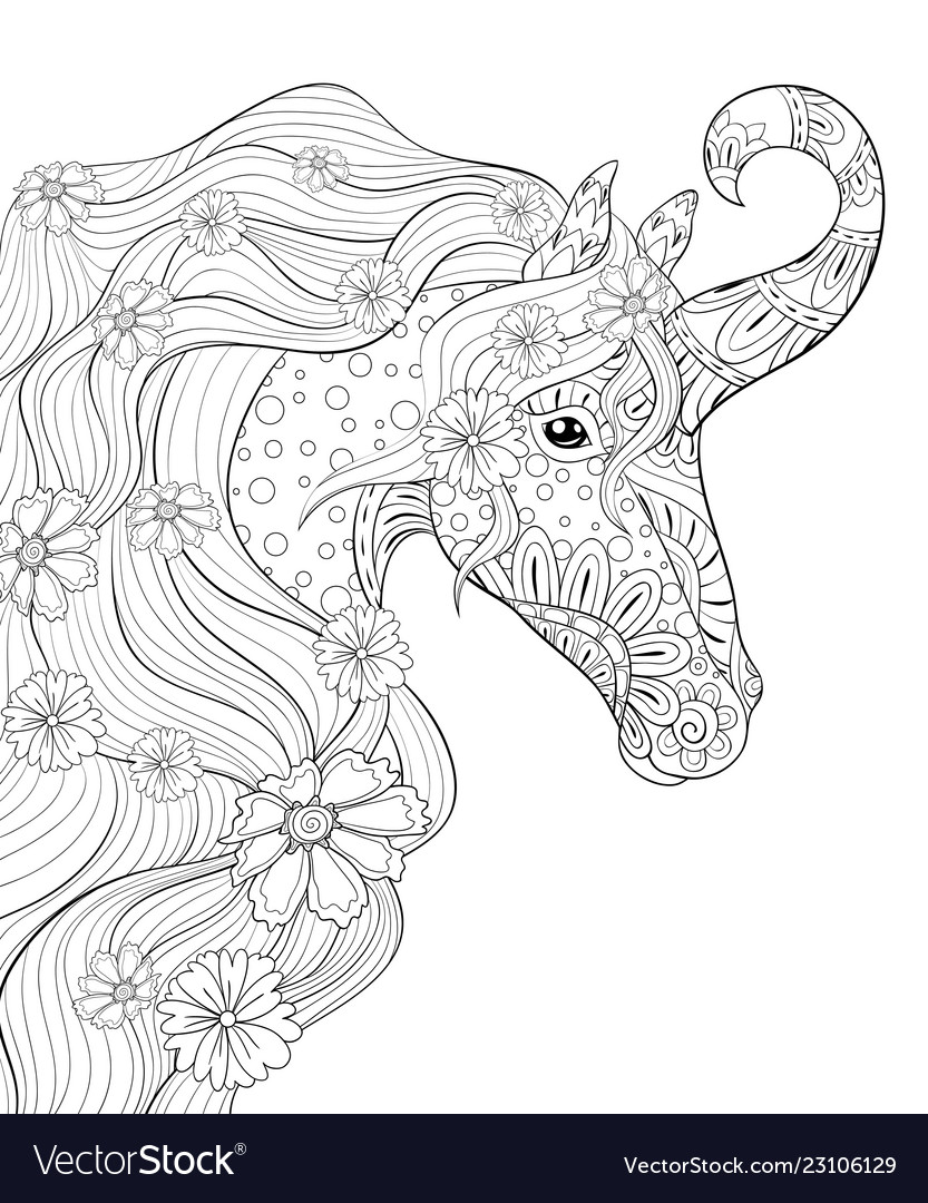Adult Coloring Bookpage A Cute Unicorn Image For Vector Image