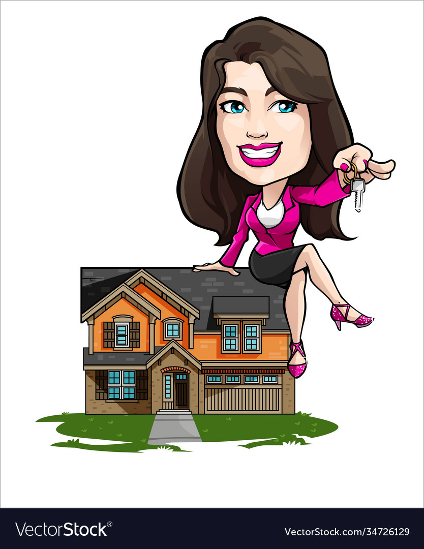 Female Realtor With Keys Sitting On House Vector Image