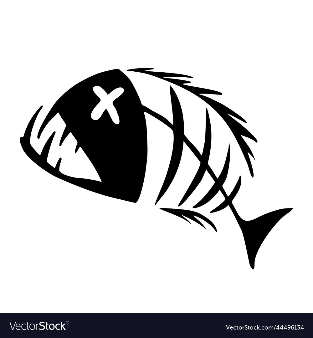 Black graphic image of a fish skeleton on white