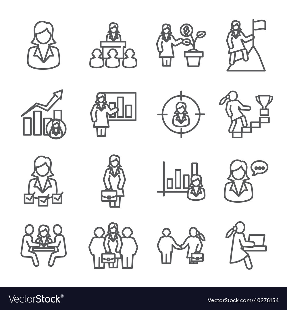 Business woman line icons set on white background vector image Business woman line icons set on white background
