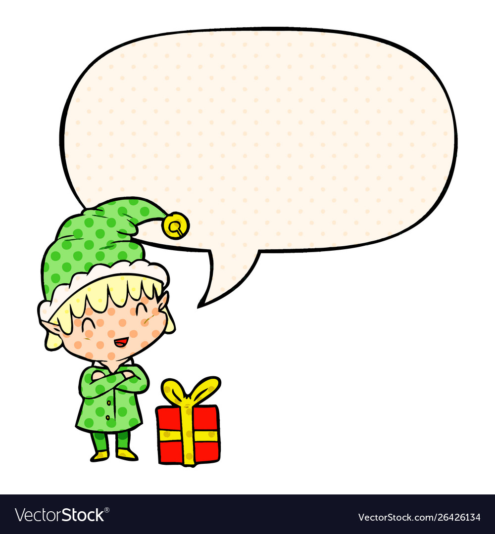 Cartoon happy christmas elf and speech bubble