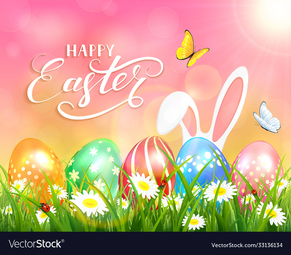 Happy Easter On Pink Background With Bunny Vector Image