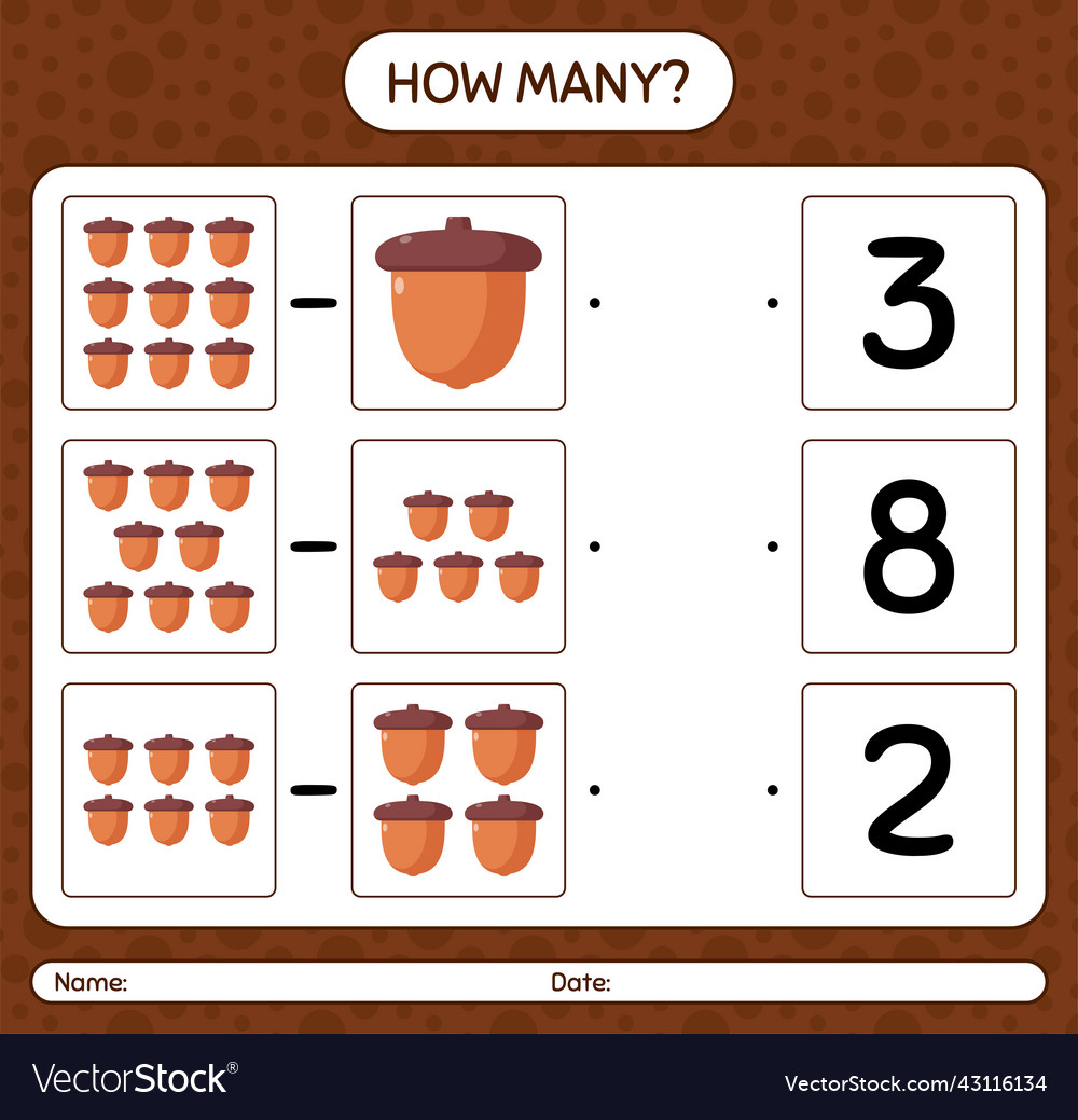 How many counting game with acorn worksheet vector image How many counting game with acorn worksheet