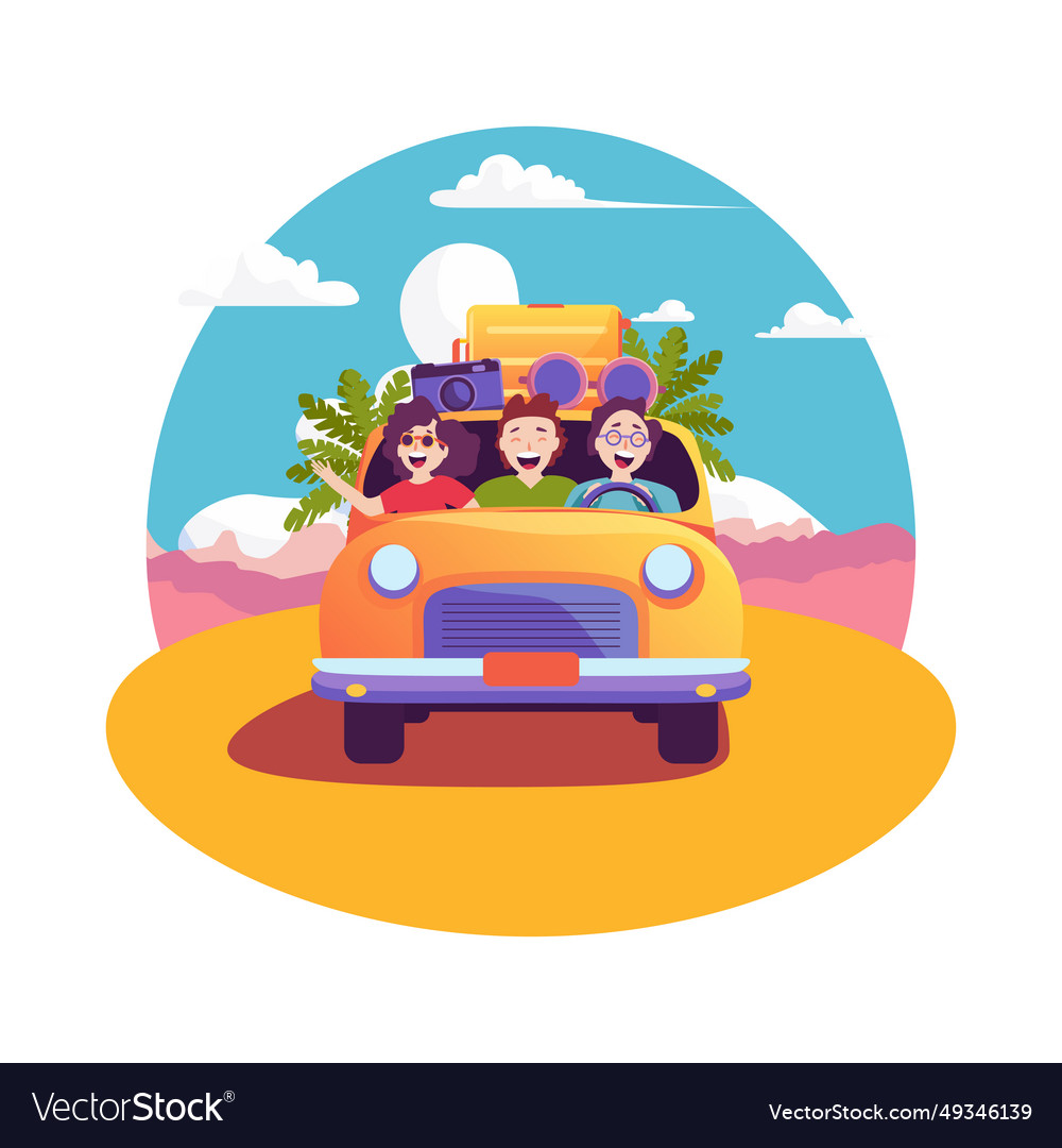 Cartoon color characters friends car trip concept