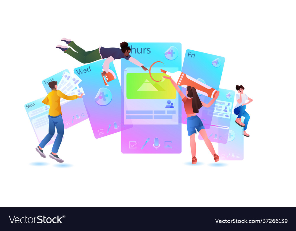 Developers team creating website ui interface web vector image Developers team creating website ui interface web