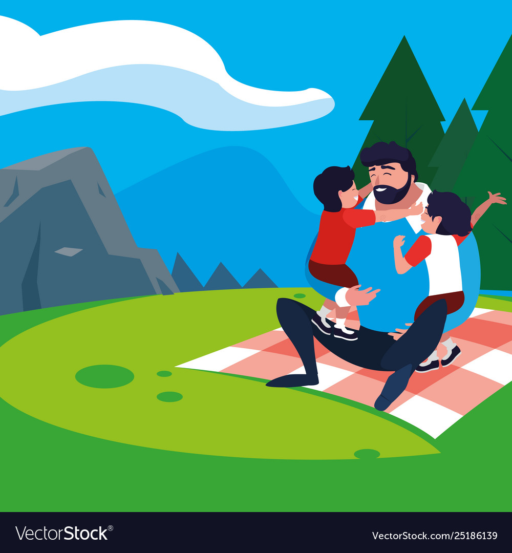 Father with sons characters in field picnic