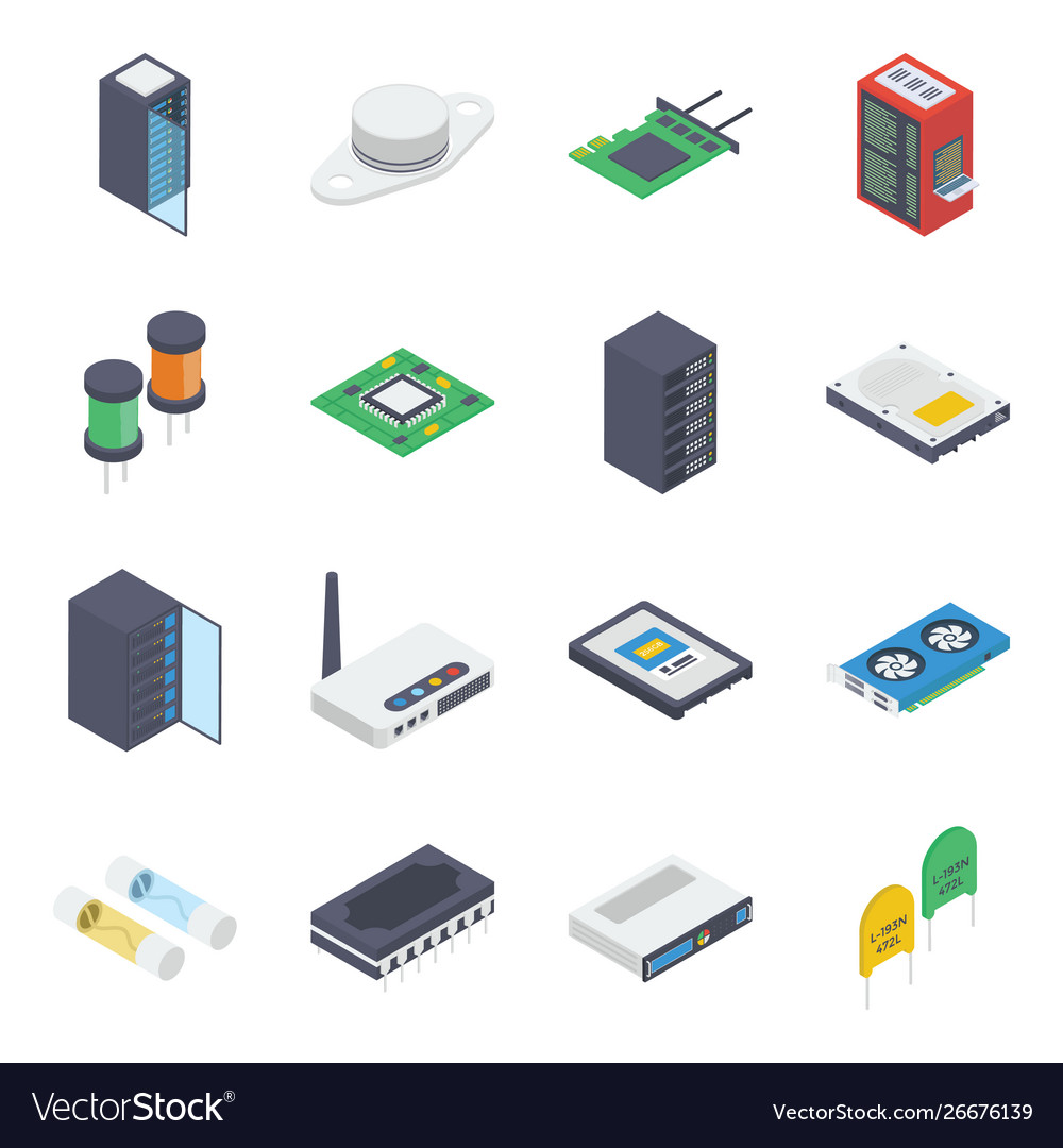 Pc hardware isometric pack Royalty Free Vector Image