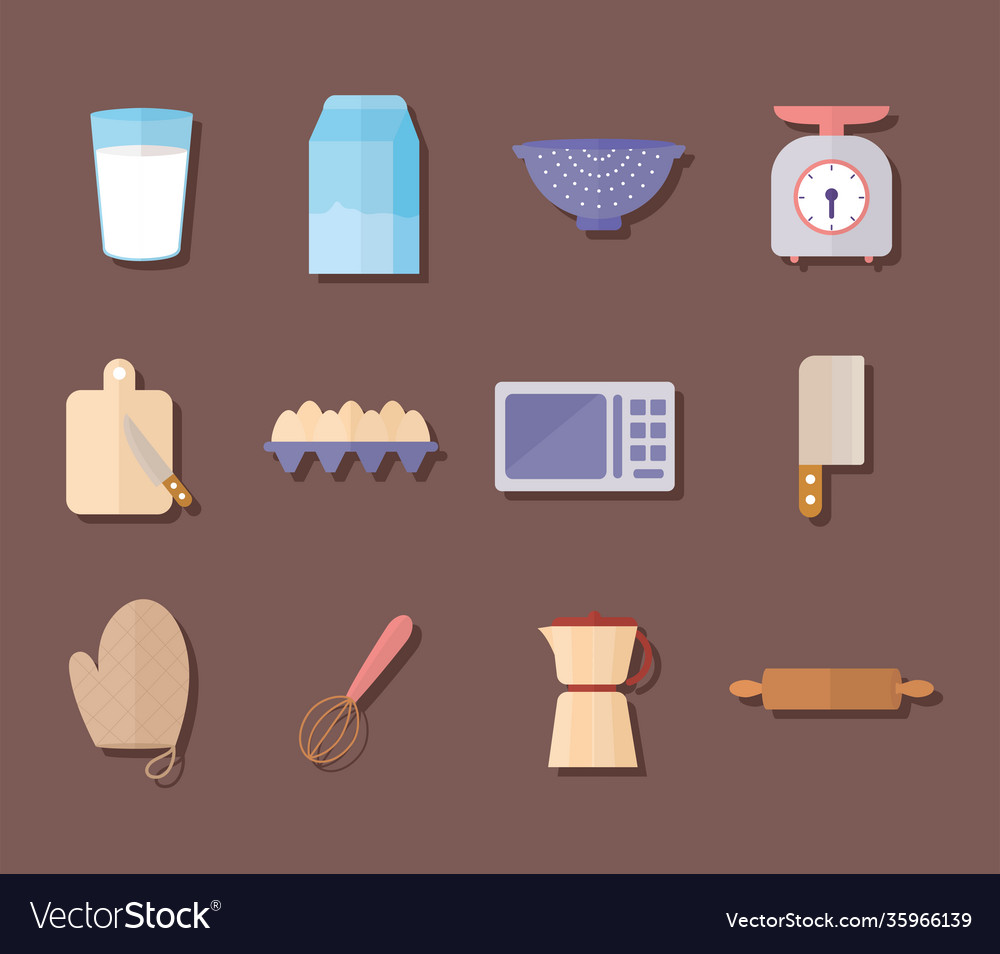 Set kitchenware icons on a brown background