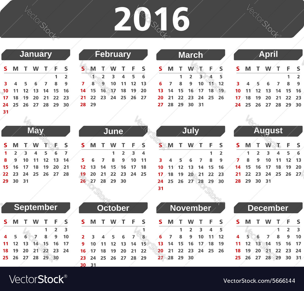 2016 calendar Royalty Free Vector Image - VectorStock