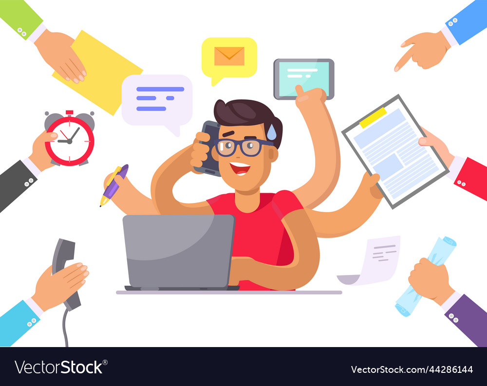 Man doing simultaneously many tasks male employee vector image Man doing simultaneously many tasks male employee