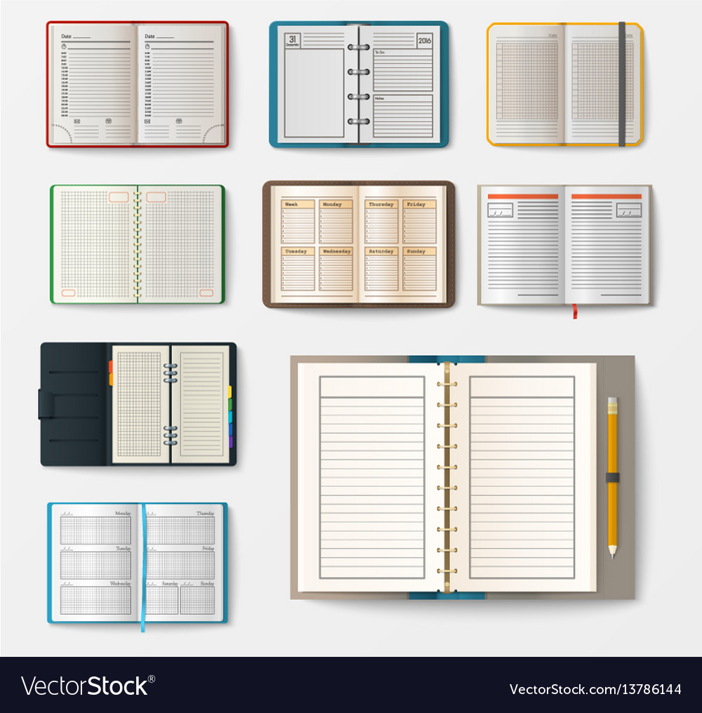 Set of open realistic notebooks with pages diary