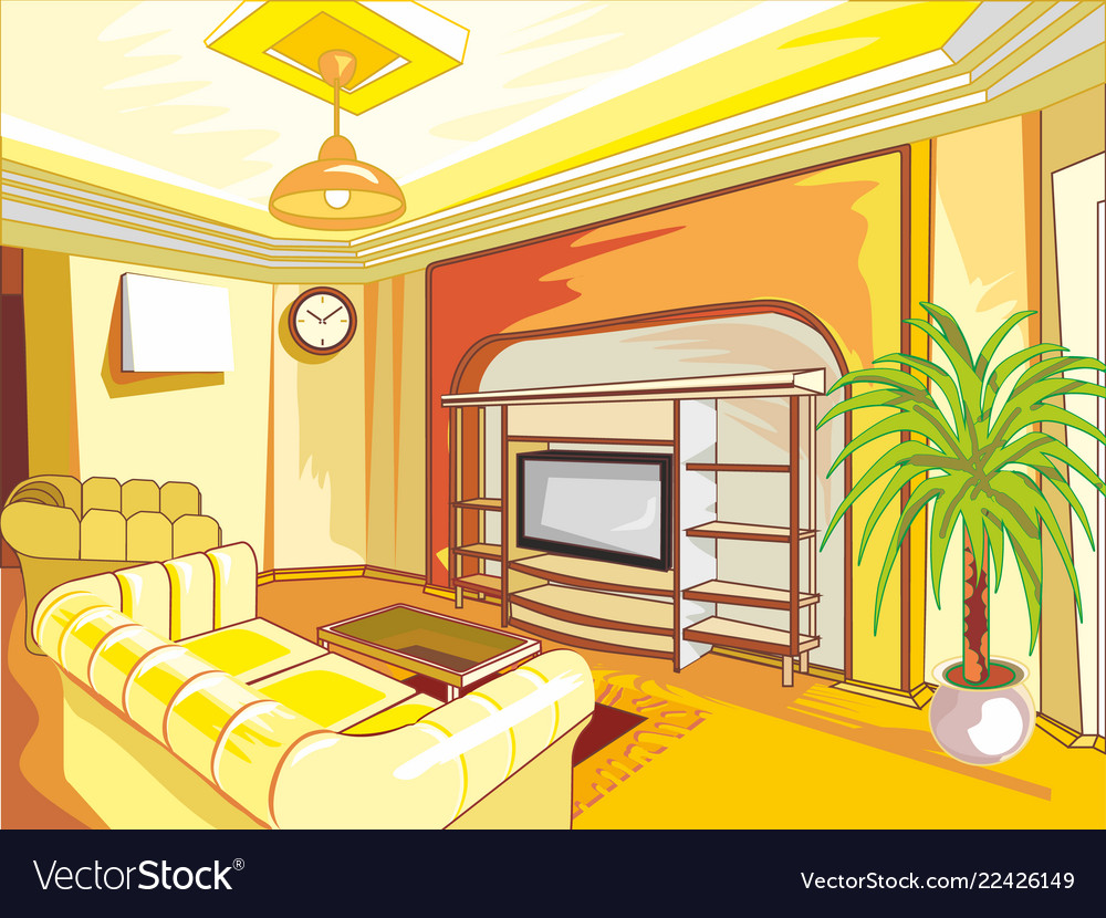 Cartoon Drawing Room Interior In Shades Yellow Vector Image