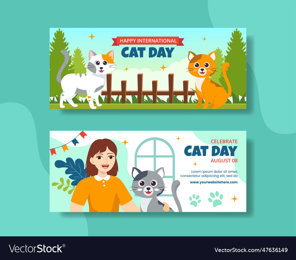 Cat day horizontal banner flat cartoon hand drawn Vector Image