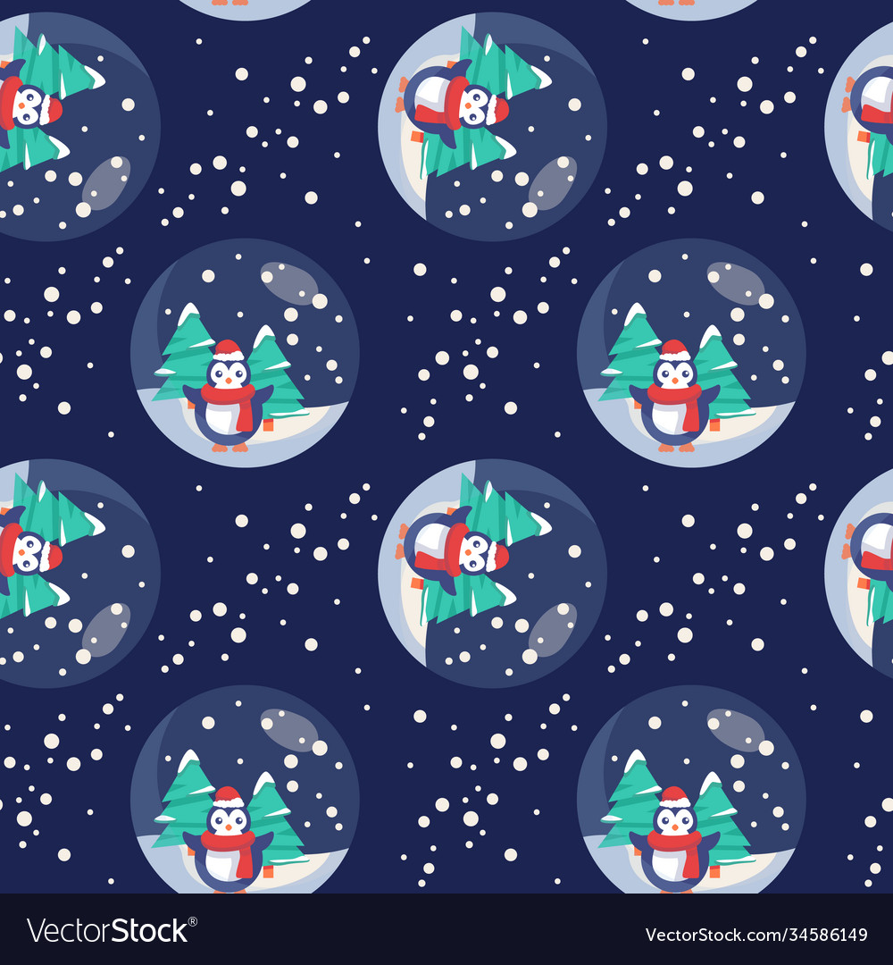 Penguin with fir tree in snowball seamless pattern