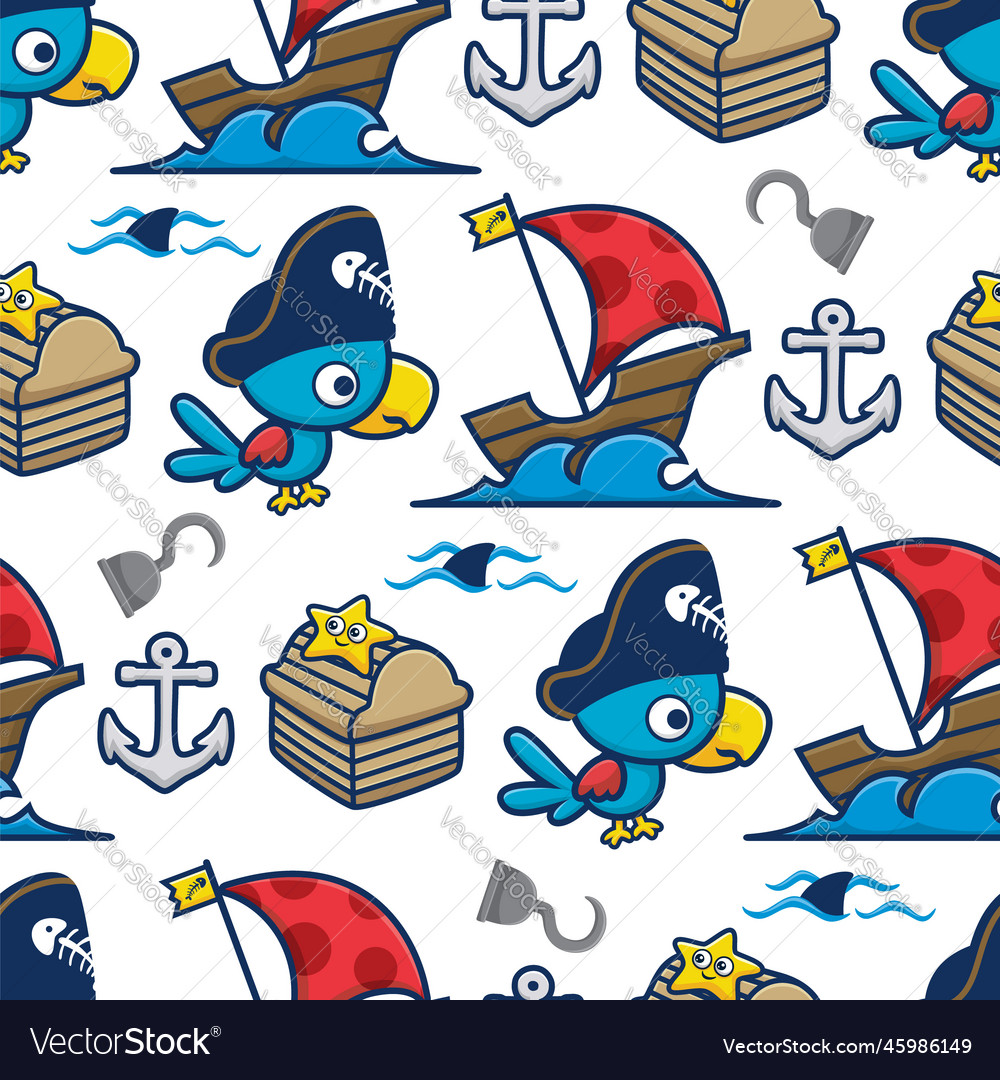 Seamless pattern of cute bird with pirate elements