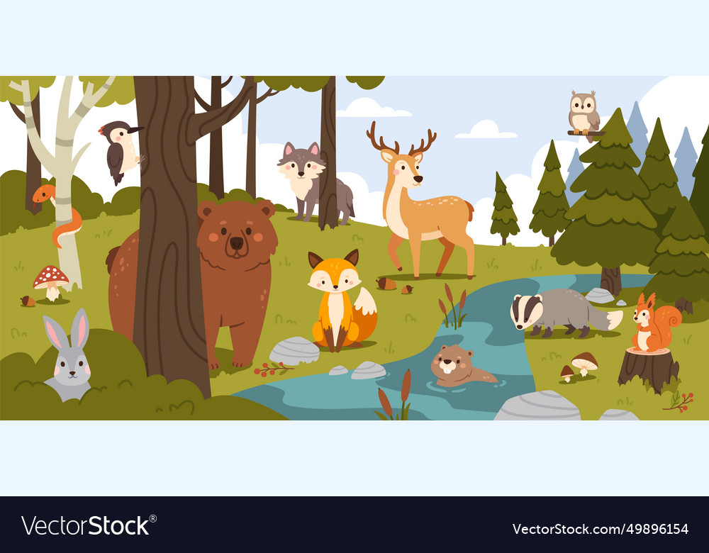 Cartoon Forest Animals Summer Woodland With Bear Vector Image