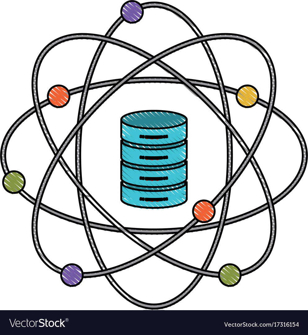 Data science atom around of server icon in color
