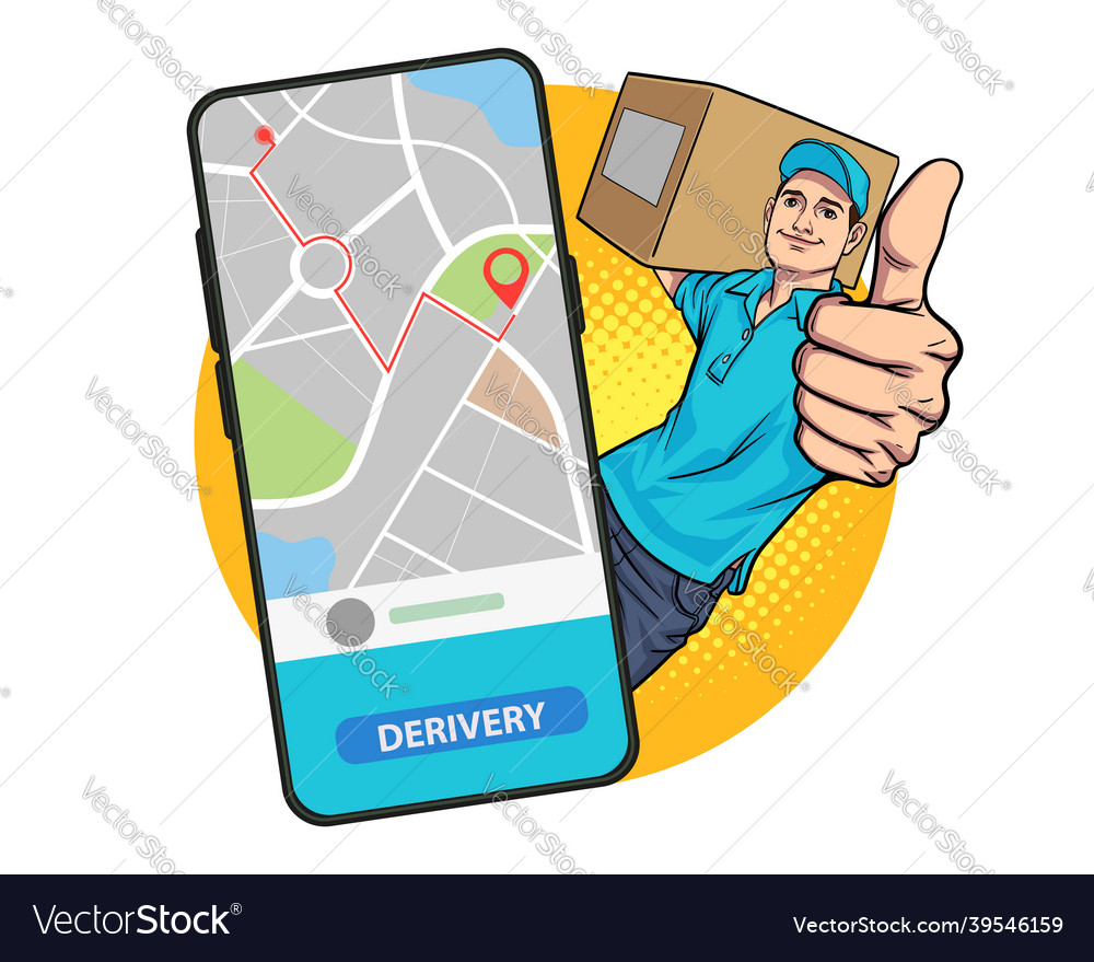 Delivery man employee carrying big box thump up