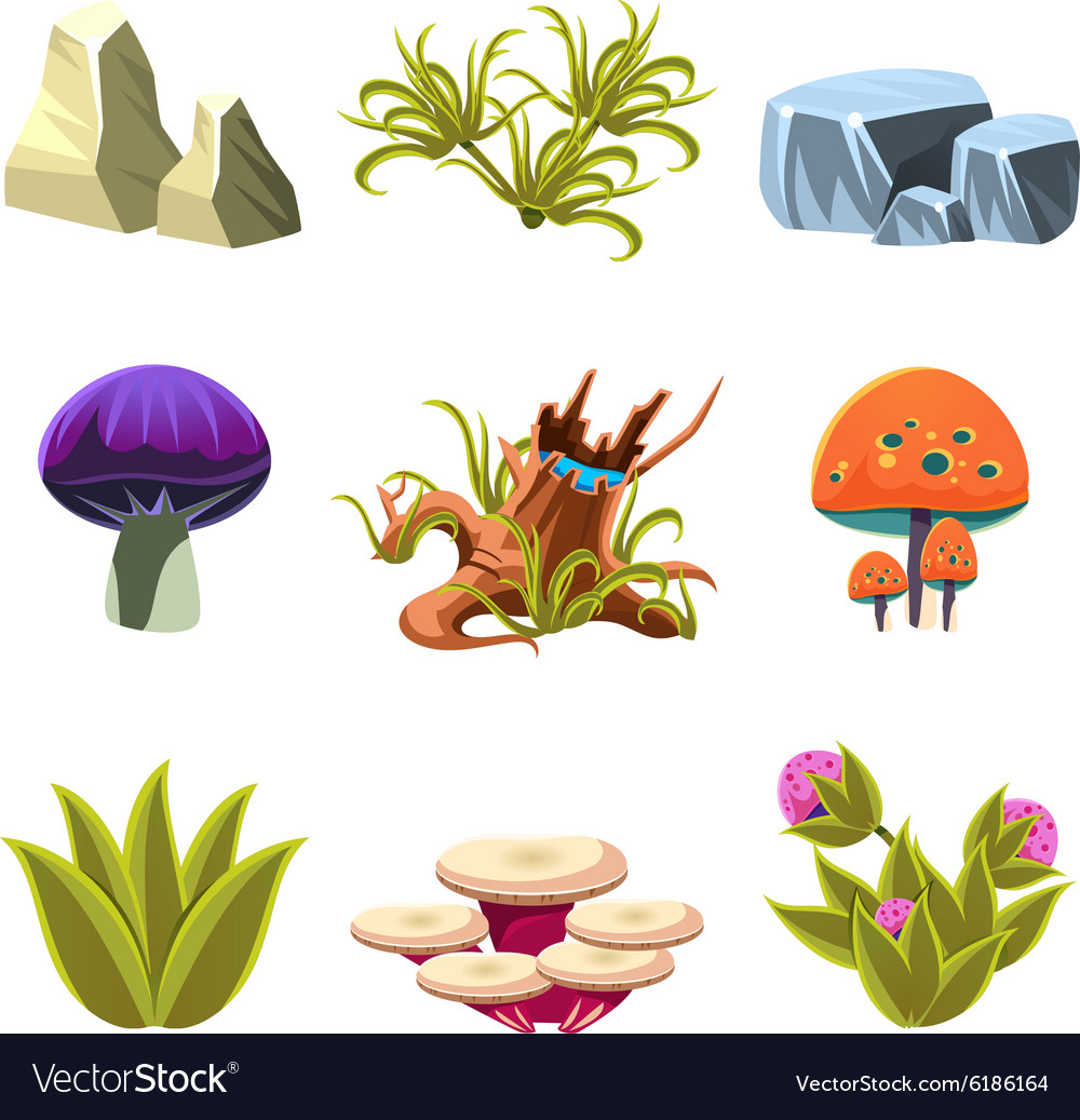 Cartoon mushrooms stones and bushes set