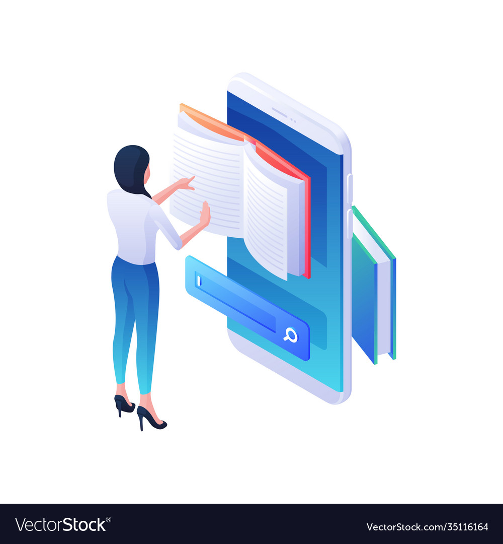 Finding desired web book in mobile application vector image Finding desired web book in mobile application