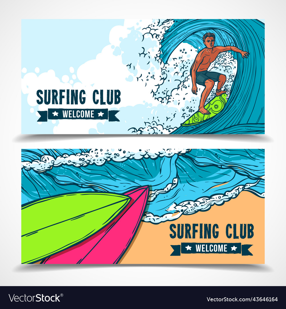 Surfing banners set Royalty Free Vector Image - VectorStock