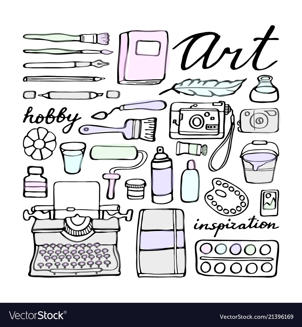 Art supplies set. Hand-drawn cartoon collection of art tools. Doodle drawing.  Stock Vector