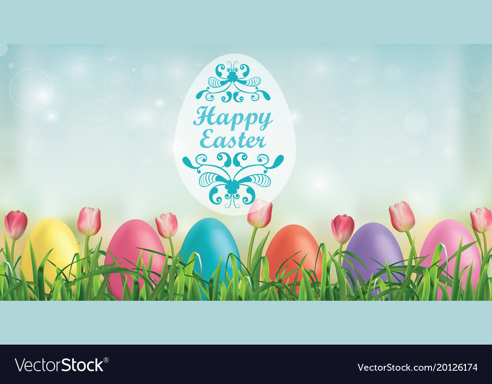 Easter Background Easter Eggs Tulips And Blades Vector Image