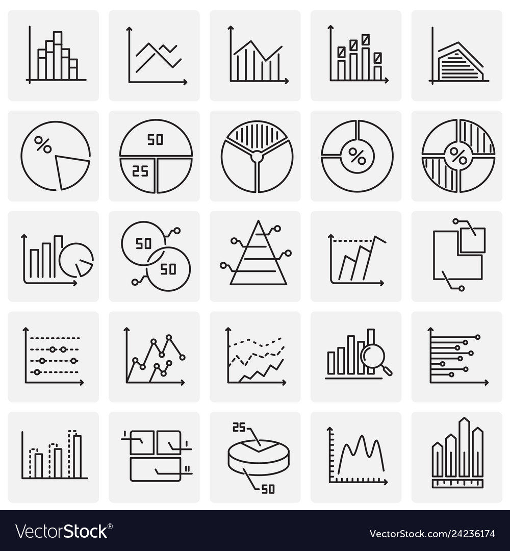 Graph line icons set on squares background