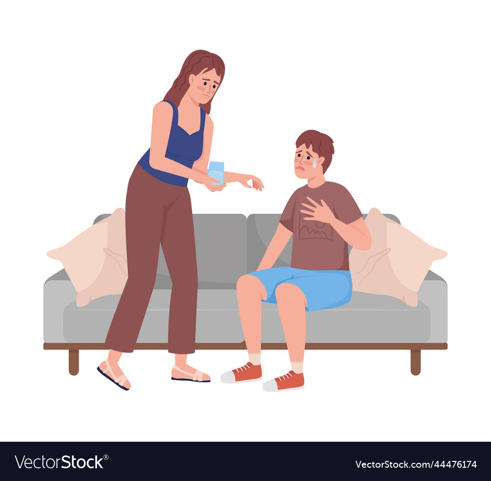 Woman giving water to crying boy semi flat color