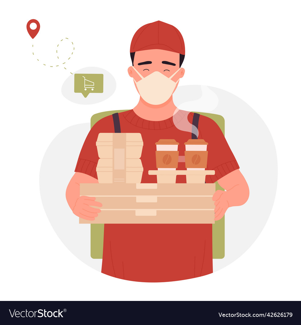 Courier in mask holding pizza and fast food boxes