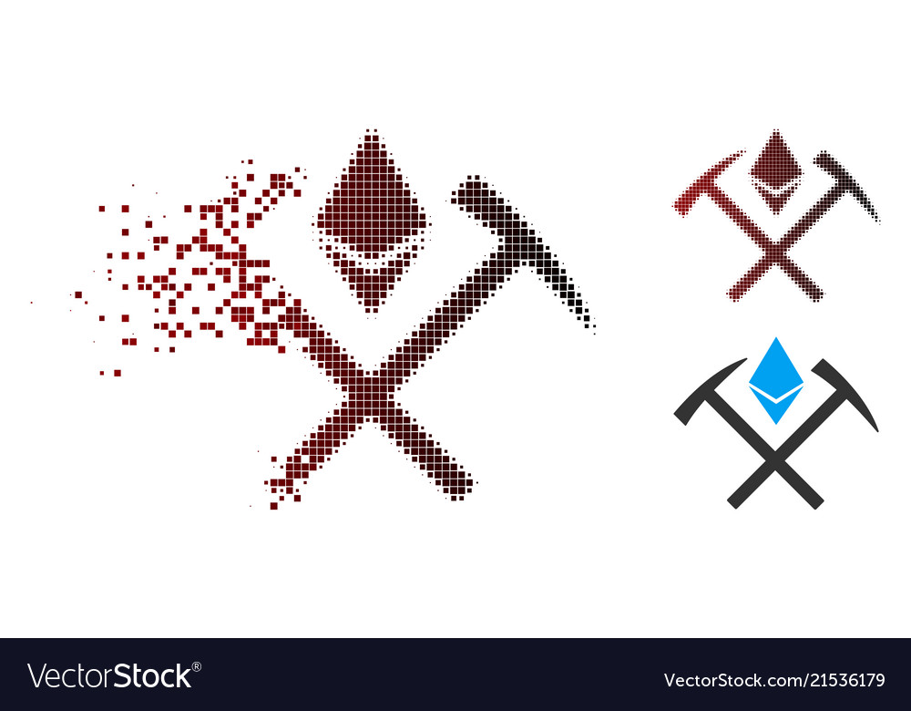Dust pixel halftone ethereum mining hammers icon vector image Dust pixel halftone ethereum mining hammers icon
