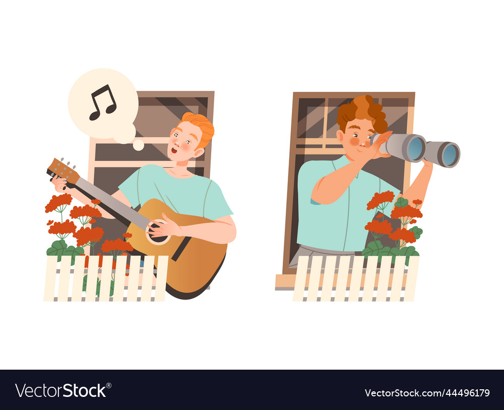 Man in open window playing guitar singing vector image Man in open window playing guitar singing