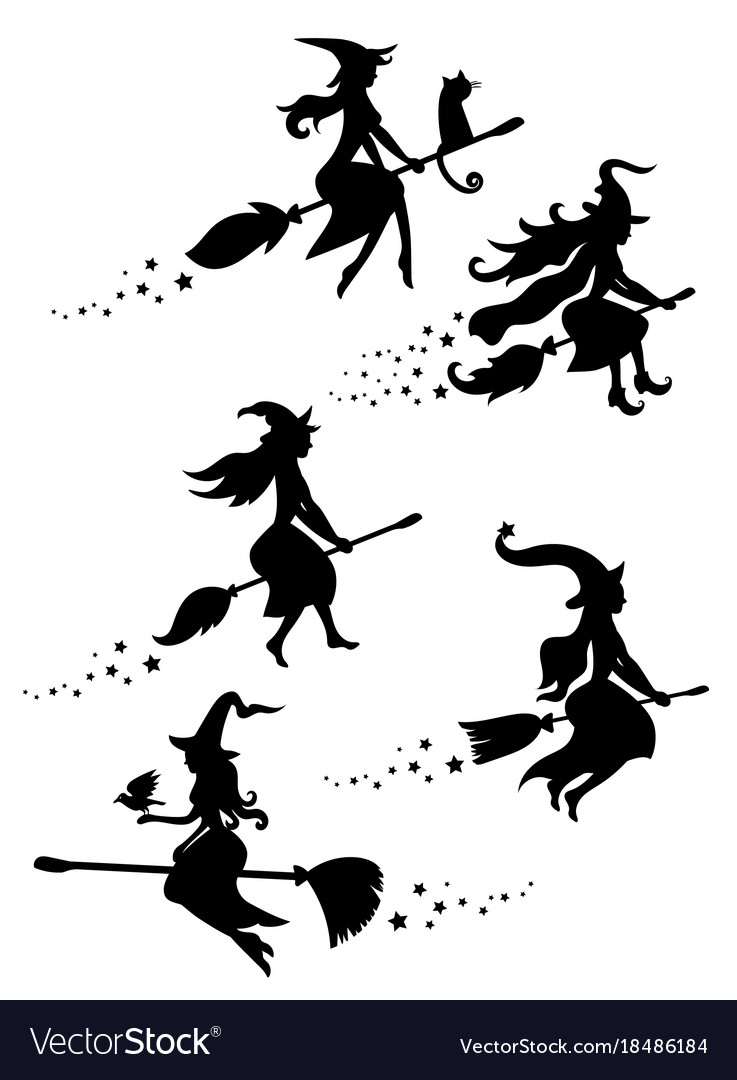 A set of black silhouettes witches flying