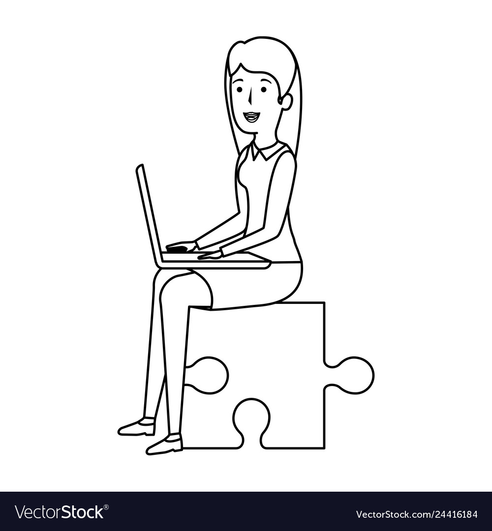 Businesswoman sitzt in Puzzlestück mit Laptop