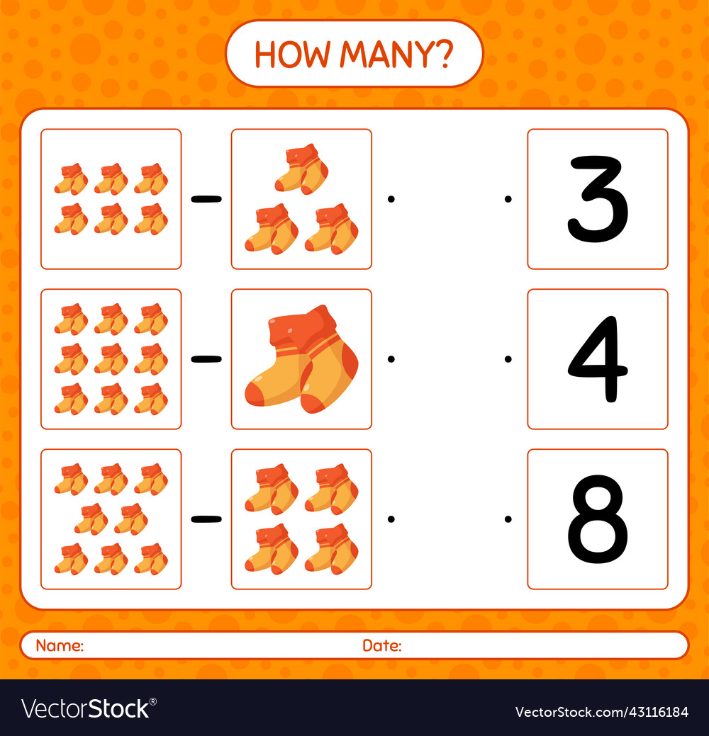 How many counting game with sock worksheet vector image How many counting game with sock worksheet