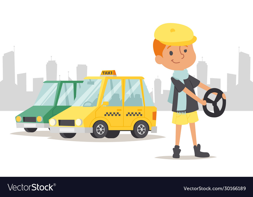 Child driver stand car taxi on city background