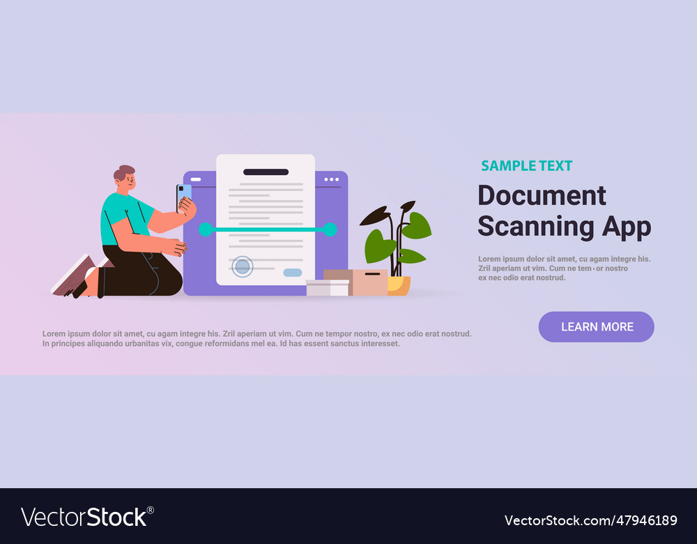 Man scanning document in mobile app text vector image Man scanning document in mobile app text