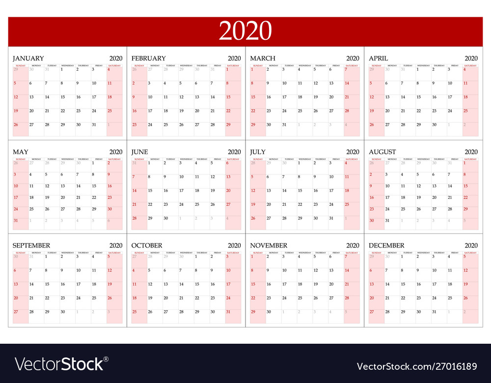 Red calendar 2020 basic grid simple design vector image Red calendar 2020 basic grid simple design